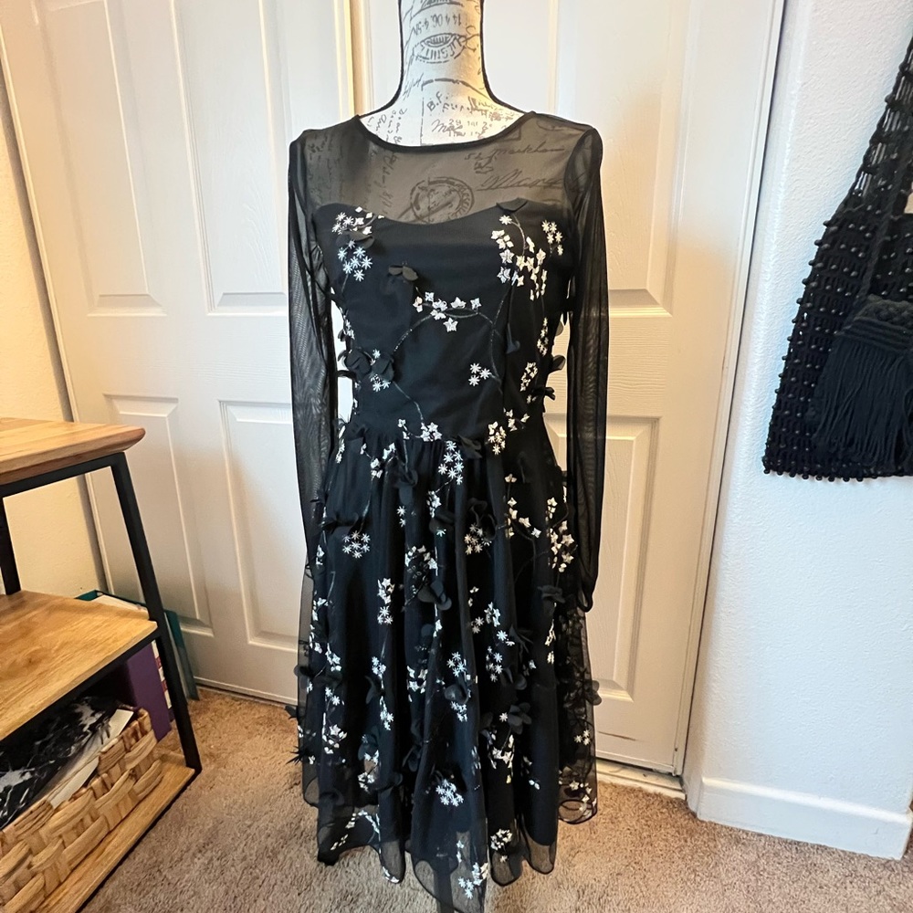 Mesh 3D Floral Long Sleeve Dress